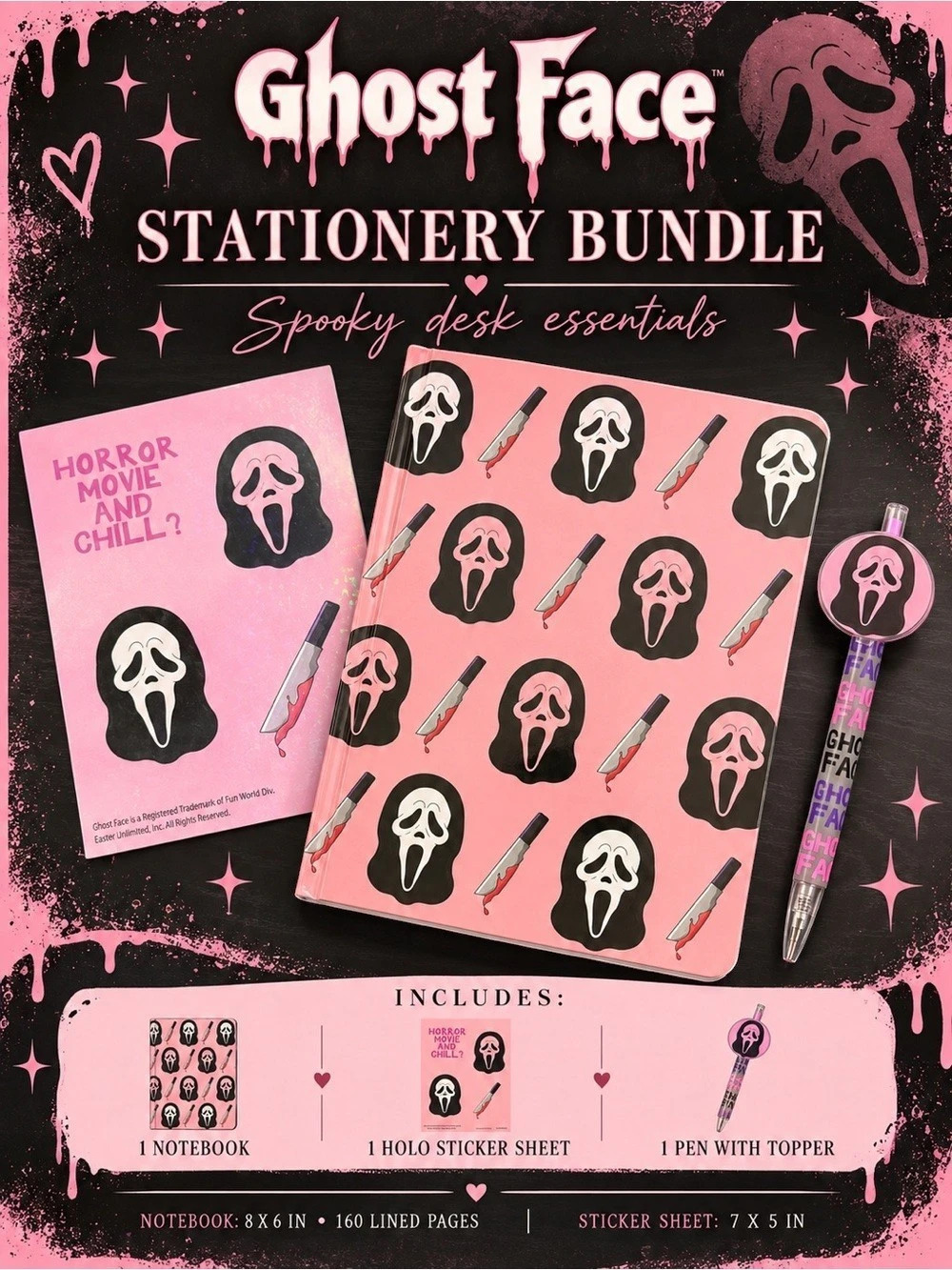 Ghost Face Pink Stationery Bundle Notebook Sticker Sheet & Pen